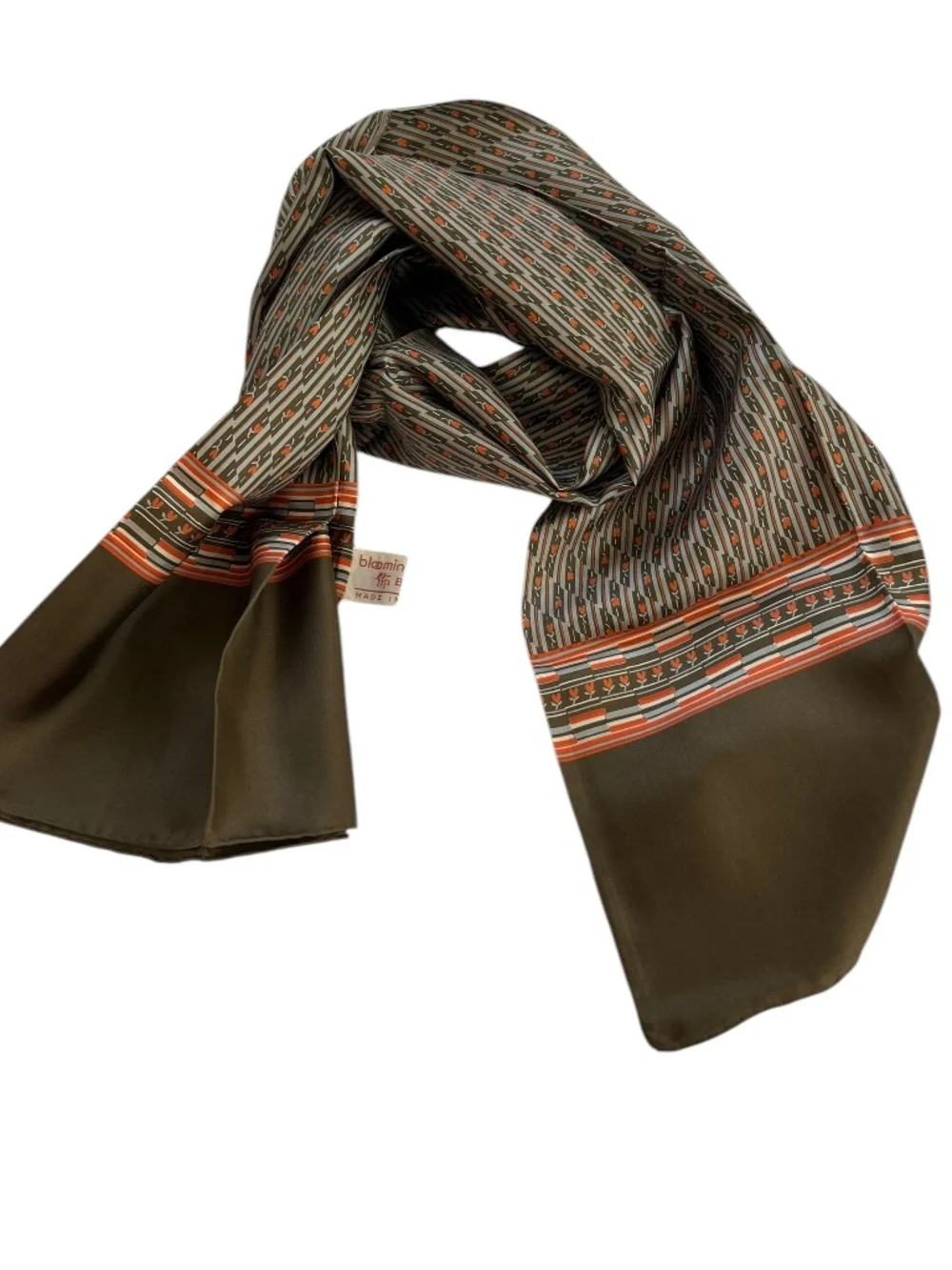 Bloomingdales silk olive green orange heart blossom graphic MCM scarf